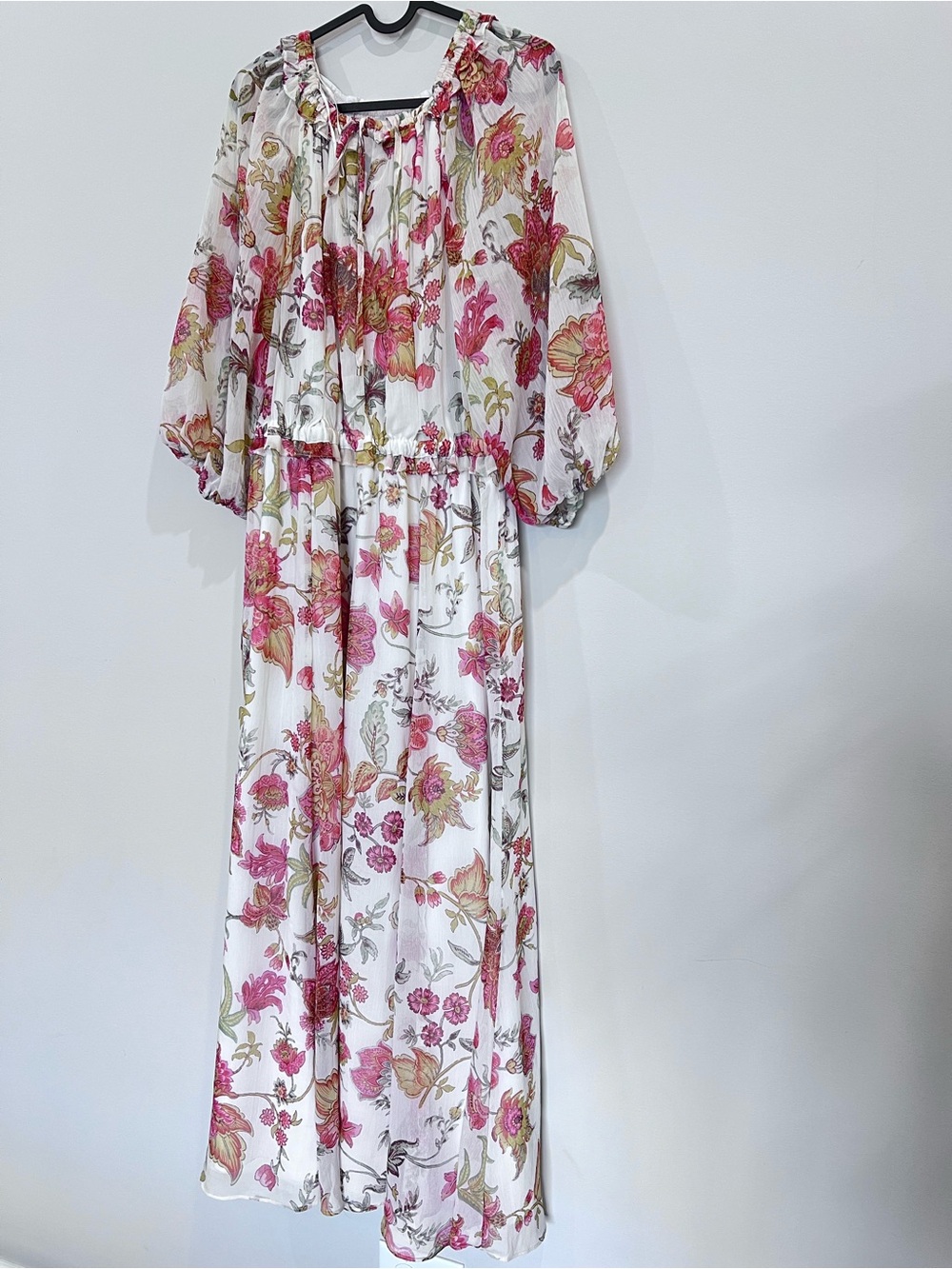 Floral Boho Maxi Dress in White with Pink & Green Print XL dress